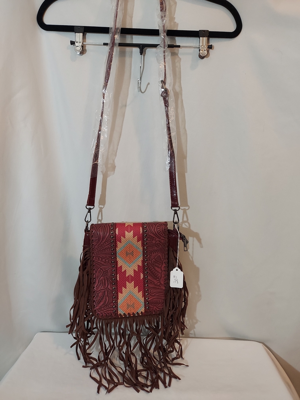 NWT Western Boho Fringe Crossbody Bag Tooled Aztec Saddle Blanket Cowgirl Purse
